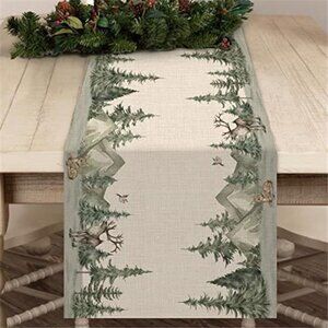 Christmas Table Runner Winter Reindeer Pine Tree Woodland Farmhouse Dining Decor